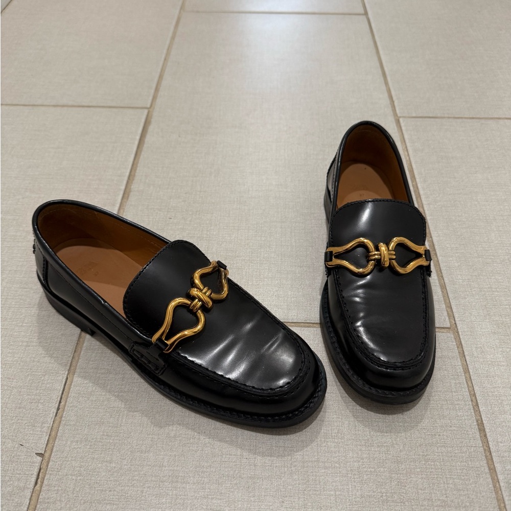 Black Leather Loafers with Gold Accent